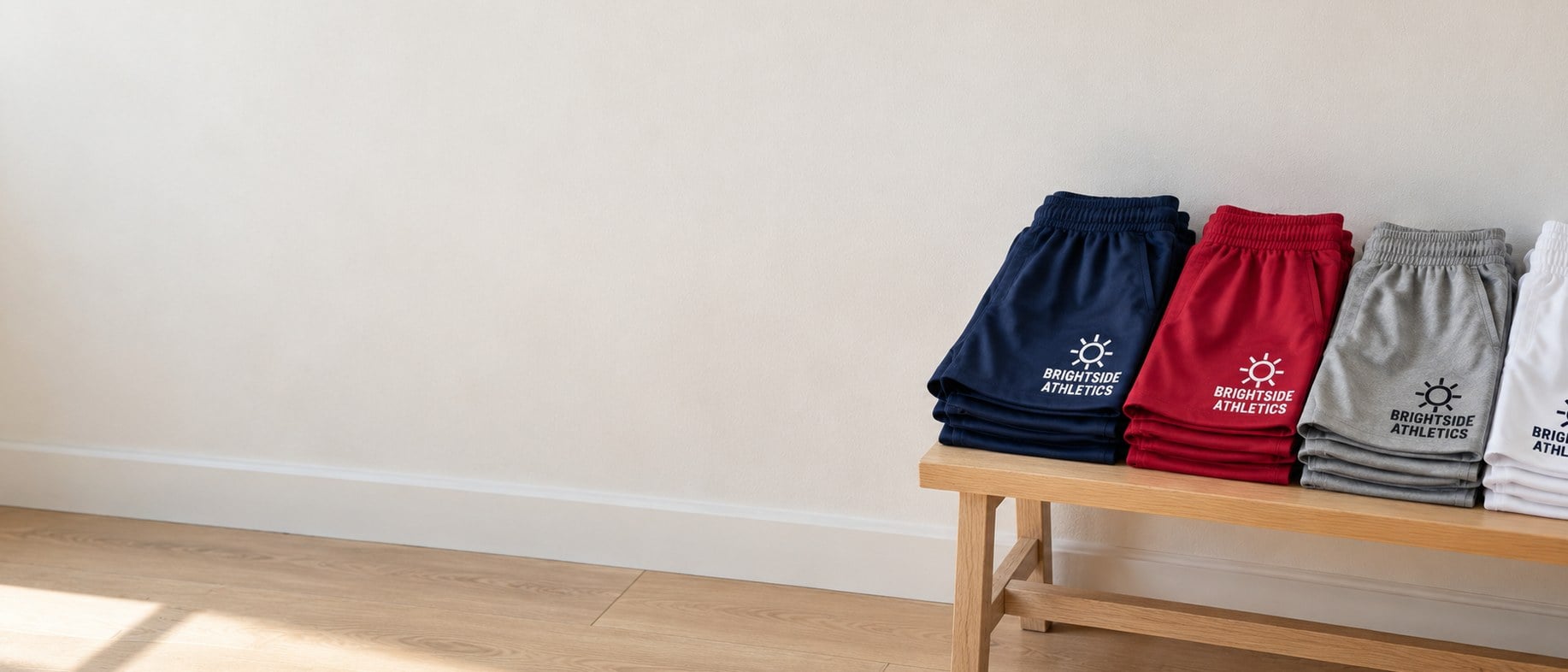Custom athletic shorts folded in stacks on a wooden bench