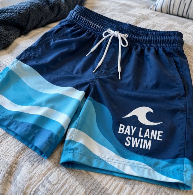 Customer photo of custom shorts on a bed